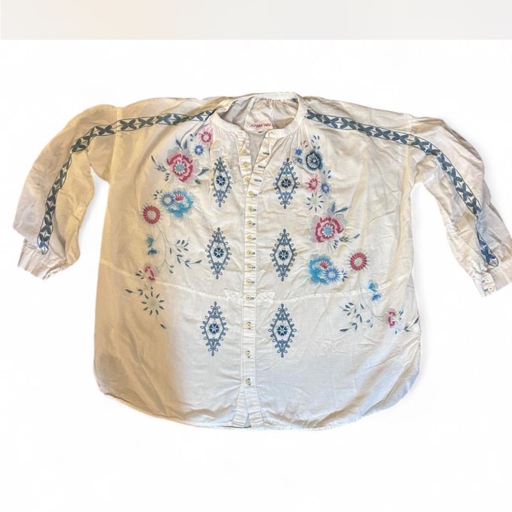 Johnny Was White Blouse with Blue and Pink Embroidery